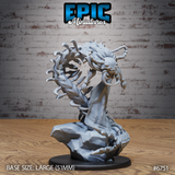 Unpainted grey resin Primal Centipede Stand miniature by Epic Miniatures — front view showing the creature rearing upward from a rocky base, mandibles spread wide and antennae raised, body coiling in a dramatic spiral with varied leg positions, on a large 51mm black base