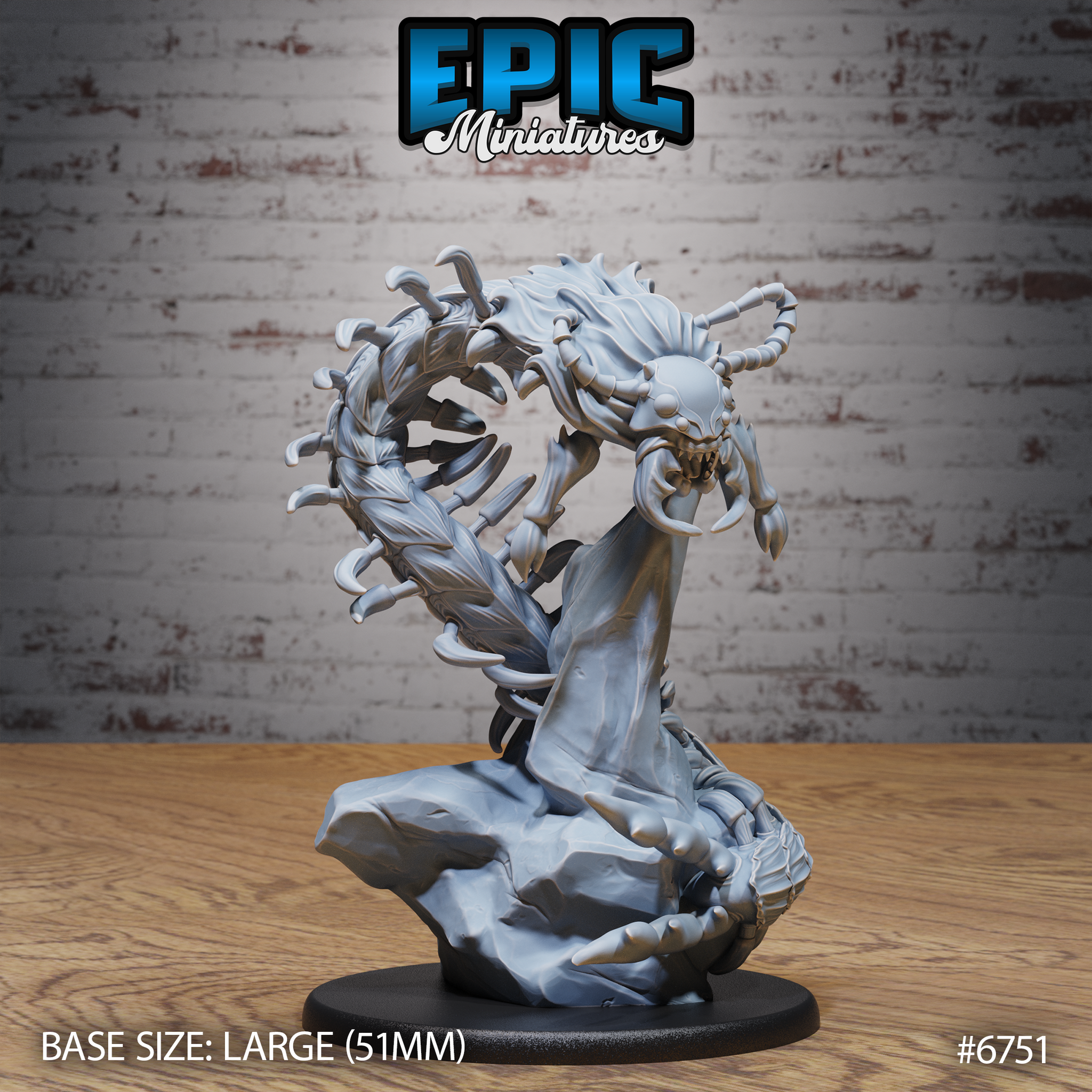 Unpainted grey resin Primal Centipede Stand miniature by Epic Miniatures — front view showing the creature rearing upward from a rocky base, mandibles spread wide and antennae raised, body coiling in a dramatic spiral with varied leg positions, on a large 51mm black base
