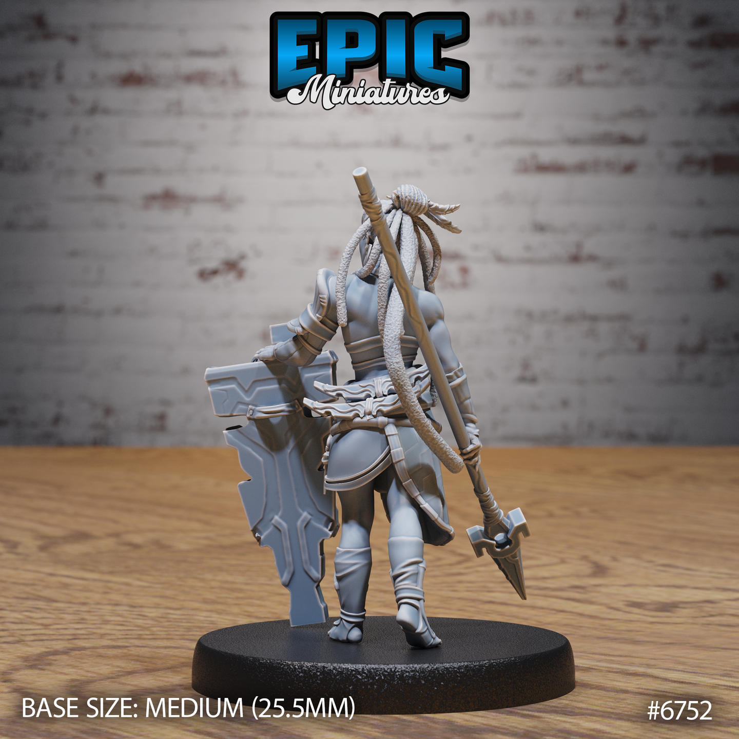 Rear view of the unpainted grey resin Amazoness Fighter miniature by Epic Miniatures — showing the back of her layered armour, cascading locs, decorative sash, and a long spear or polearm strapped across her back, on a medium 25.5mm round base
