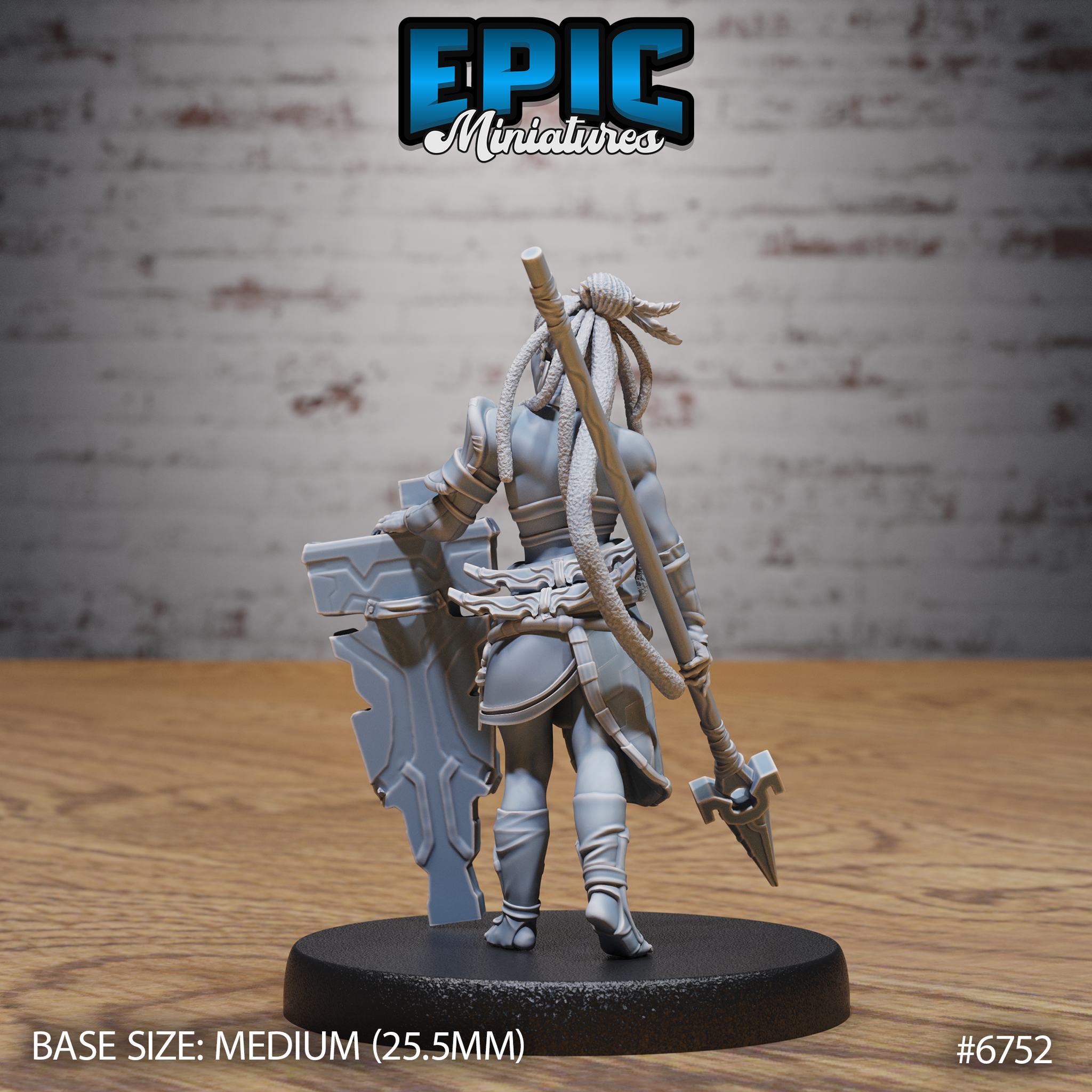 Rear view of the unpainted grey resin Amazoness Fighter miniature by Epic Miniatures — showing the back of her layered armour, cascading locs, decorative sash, and a long spear or polearm strapped across her back, on a medium 25.5mm round base