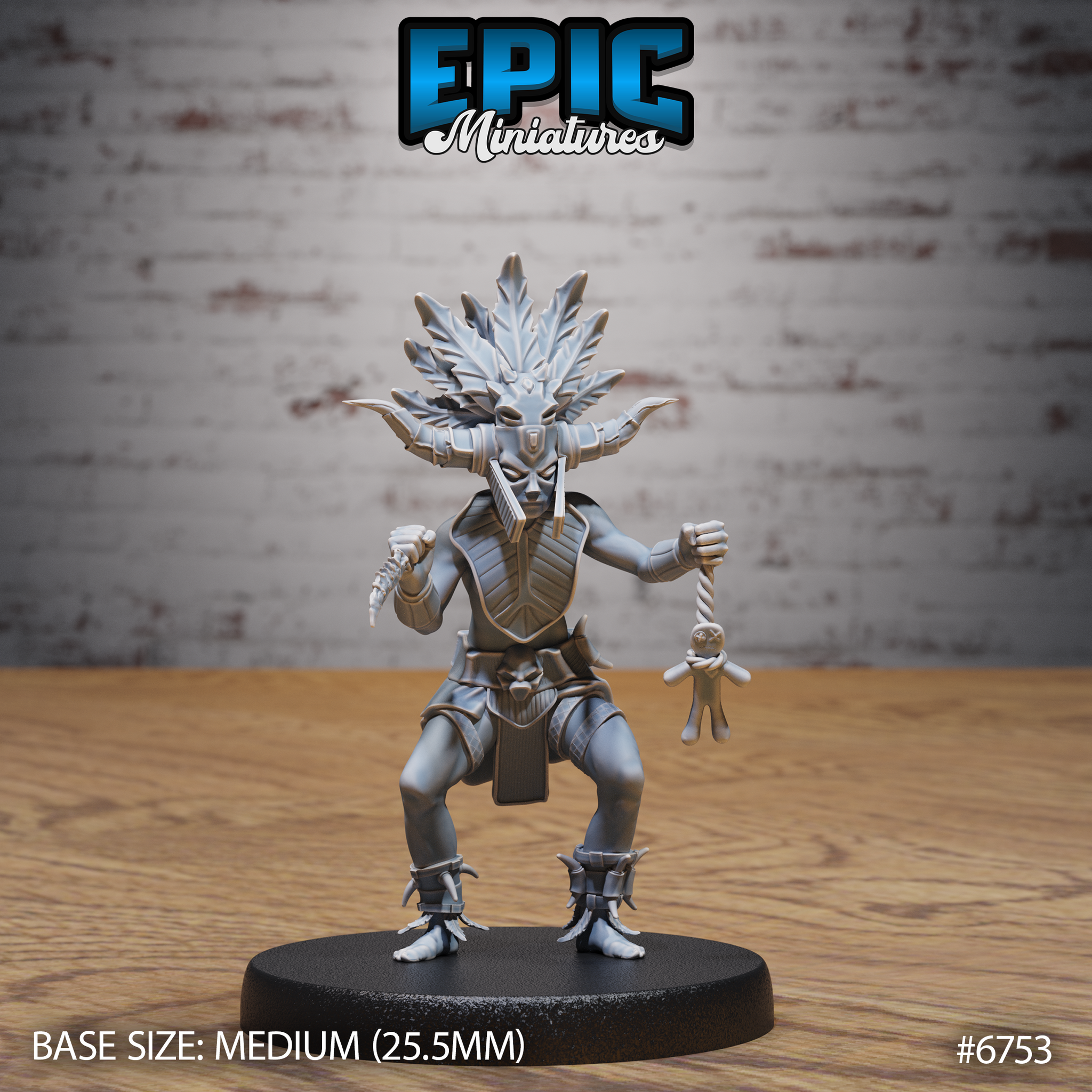 Front view of an unpainted grey resin Amazoness Shaman miniature at 32mm scale, showing a wide-stance female figure wearing an ornate feathered headdress and horned mask, holding a bone wand in her right hand and a voodoo doll on a cord in her left, with armoured pauldrons and claw-tipped boots, mounted on a round 25.5mm base