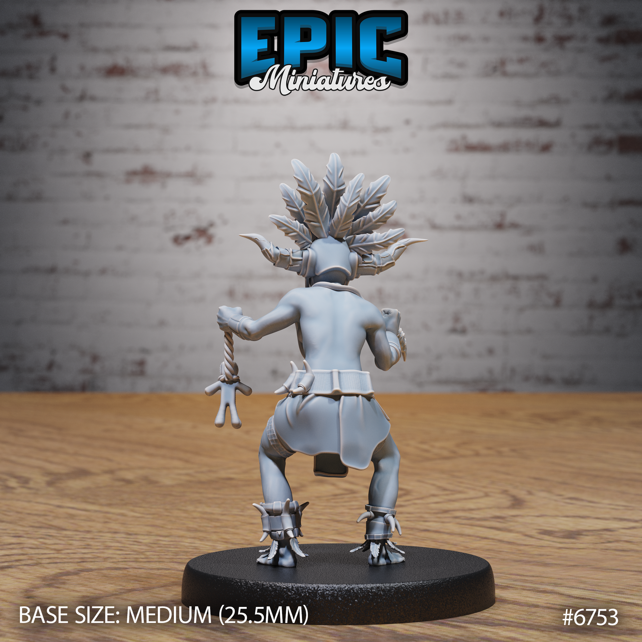 Rear view of the unpainted grey resin Amazoness Shaman miniature, showing the full feathered headdress splaying outward, segmented back armour, belted loincloth, claw-tipped boots, and the voodoo doll still visible hanging from the cord in her left hand, on a round 25.5mm base