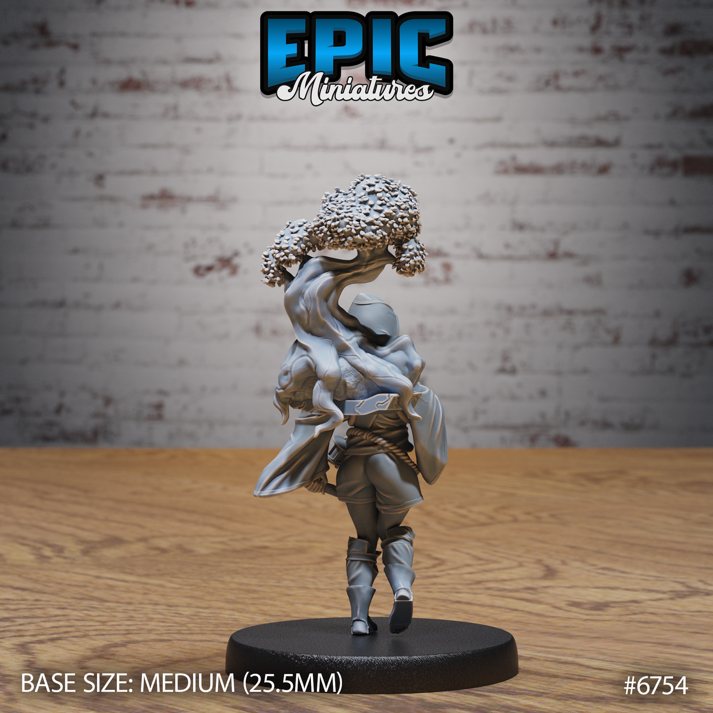 Rear view of the Amazoness Druid miniature by Epic Miniatures — unpainted grey resin showing the back of the hooded druid figure and the full twisted trunk of the tree spirit rising behind her, with detailed bark texture and a single flowering canopy visible above. Medium 25.5mm base.