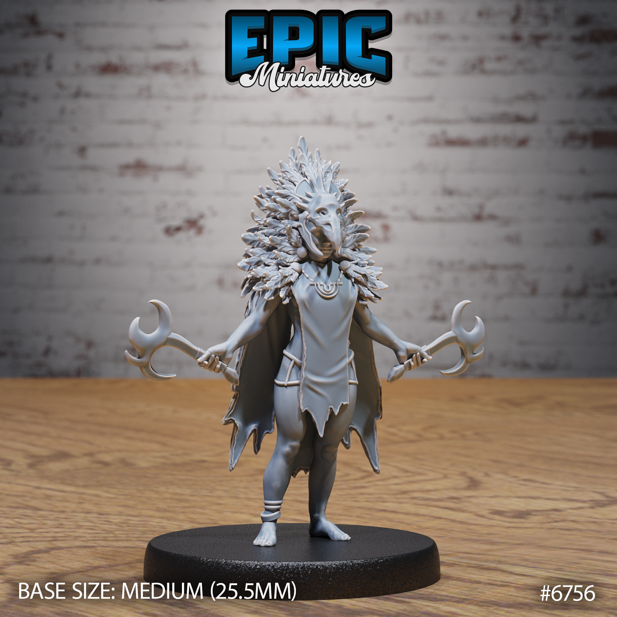 Front view of an unpainted grey resin Amazoness Raven Cleric miniature at 32mm scale, showing a barefoot female figure wearing a dramatic layered feather headdress with a bird mask, outstretched arms holding twin crescent-bladed ritual weapons, and a ragged ceremonial tunic, mounted on a medium 25.5mm black base