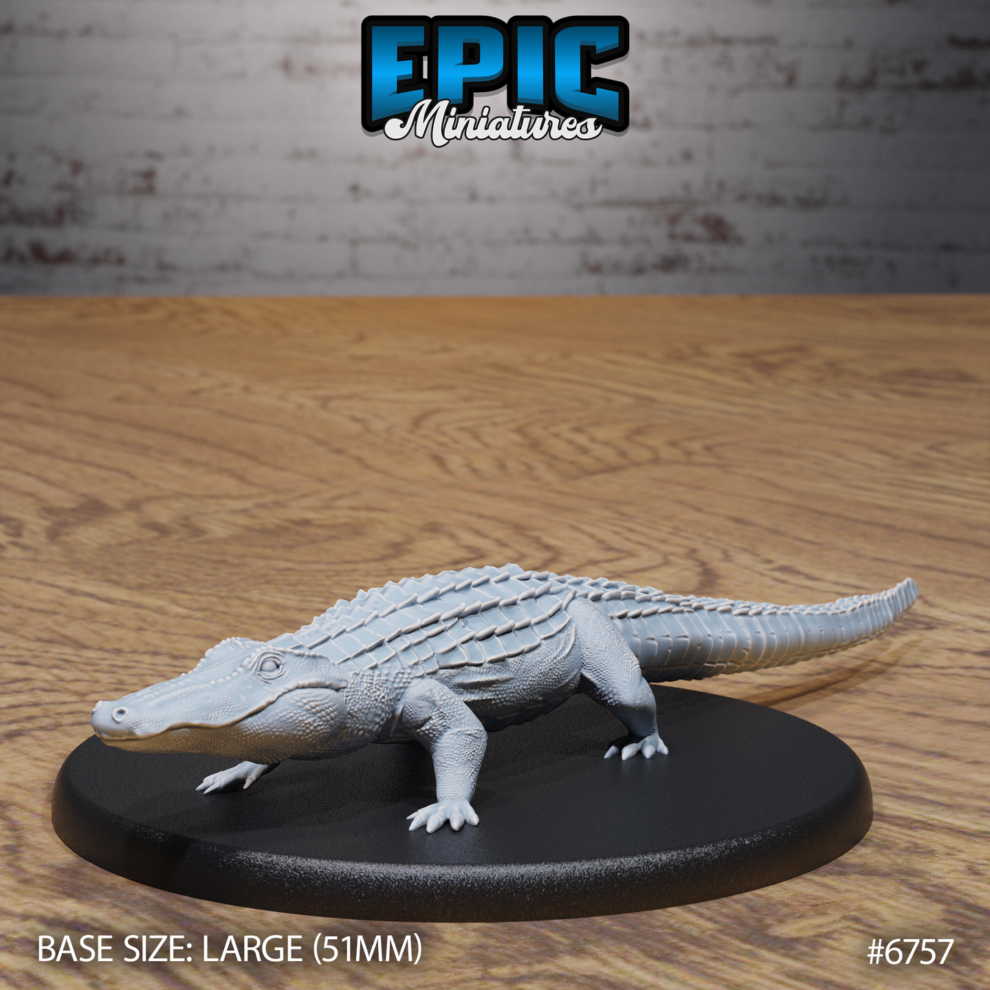 Unpainted grey resin alligator miniature on a 51mm oval black base, viewed from the front-left at a low angle, showing detailed facial sculpt, clawed forelegs, and individually scaled back and flanks — Large-size D&D beast miniature by Epic Miniatures