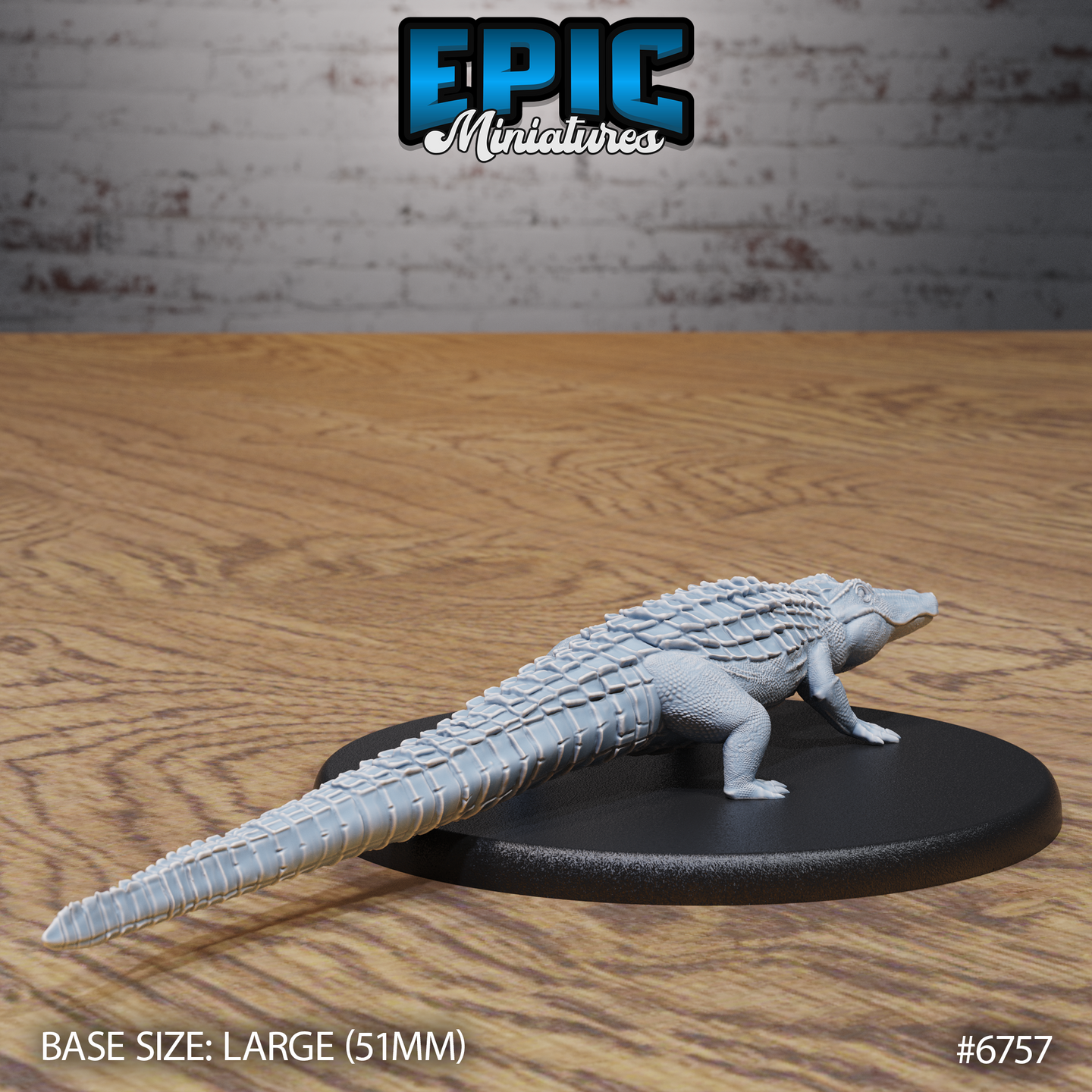 Unpainted grey resin alligator miniature on a 51mm oval black base, viewed from the rear-right showing the full length of the heavily scaled tail, dorsal osteoderms, and hind legs — Large-size D&D beast miniature by Epic Miniatures