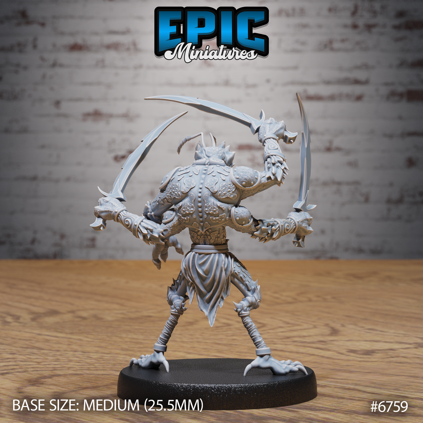 Rear view of the unpainted grey resin Insectoid Monk miniature by Epic Miniatures — showing detailed chitin back plating with spiral engravings, four arms raised with curved blades, shredded cloth loincloth, and clawed feet on a medium 25.5mm round base