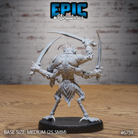 Rear view of the unpainted grey resin Insectoid Monk miniature by Epic Miniatures — showing detailed chitin back plating with spiral engravings, four arms raised with curved blades, shredded cloth loincloth, and clawed feet on a medium 25.5mm round base
