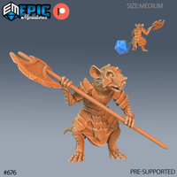 Digital render of an armoured ratfolk guard miniature holding an ornate forked polearm in a wide combat stance, wearing segmented plate armour, shown in unpainted terracotta resin with a d20 scale reference, 32mm heroic scale by Epic Miniatures
