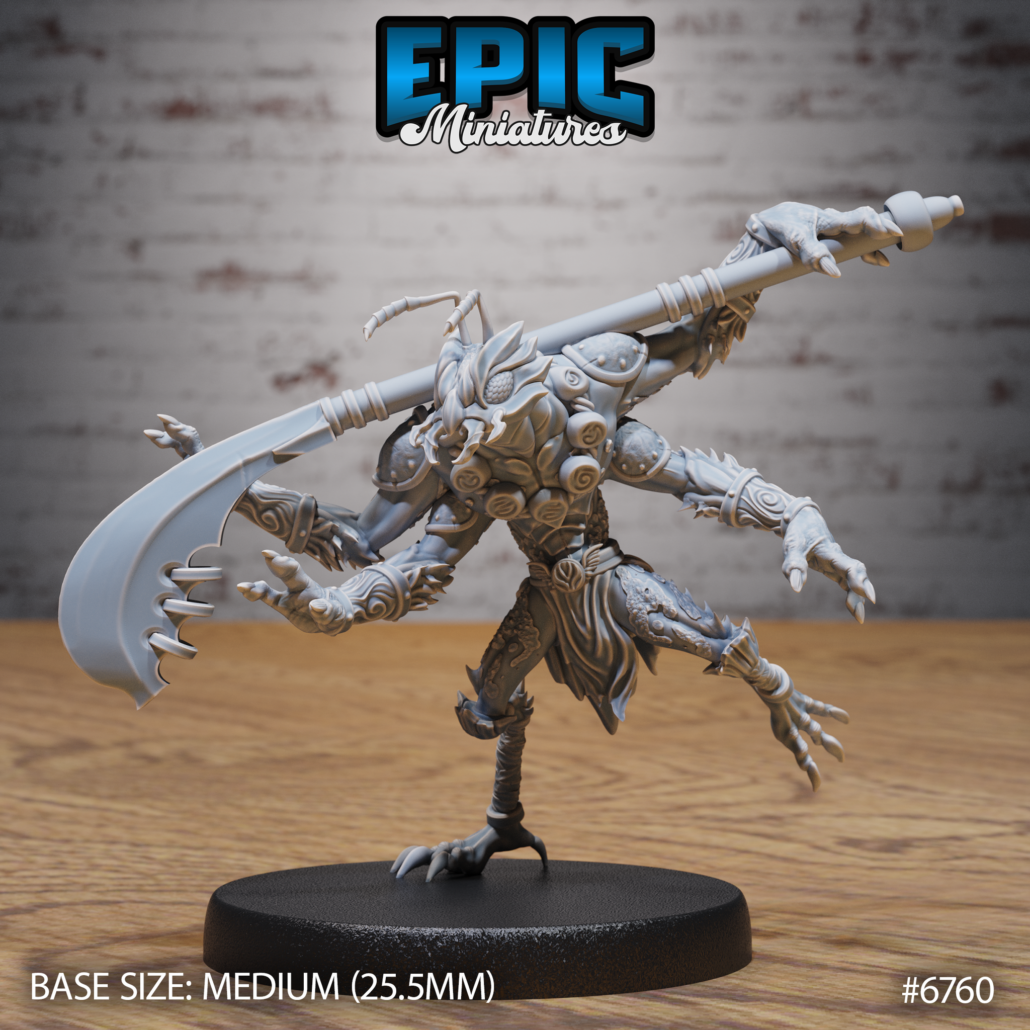Unpainted grey resin 32mm miniature of an insectoid monk warrior — front view showing six arms, a long staff, a curved serrated scythe-blade, layered rune-engraved carapace armour, a flowing waist wrap, and a single bird-talon balancing leg on a medium round black base