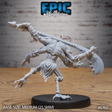 Unpainted grey resin 32mm miniature of an insectoid monk warrior — rear three-quarter view showing deeply textured back carapace plating with organic bulb details, swept antennae, multi-limb dynamic pose balancing on a single talon, on a medium round black base