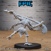 Unpainted grey resin 32mm miniature of an insectoid monk warrior — rear three-quarter view showing deeply textured back carapace plating with organic bulb details, swept antennae, multi-limb dynamic pose balancing on a single talon, on a medium round black base