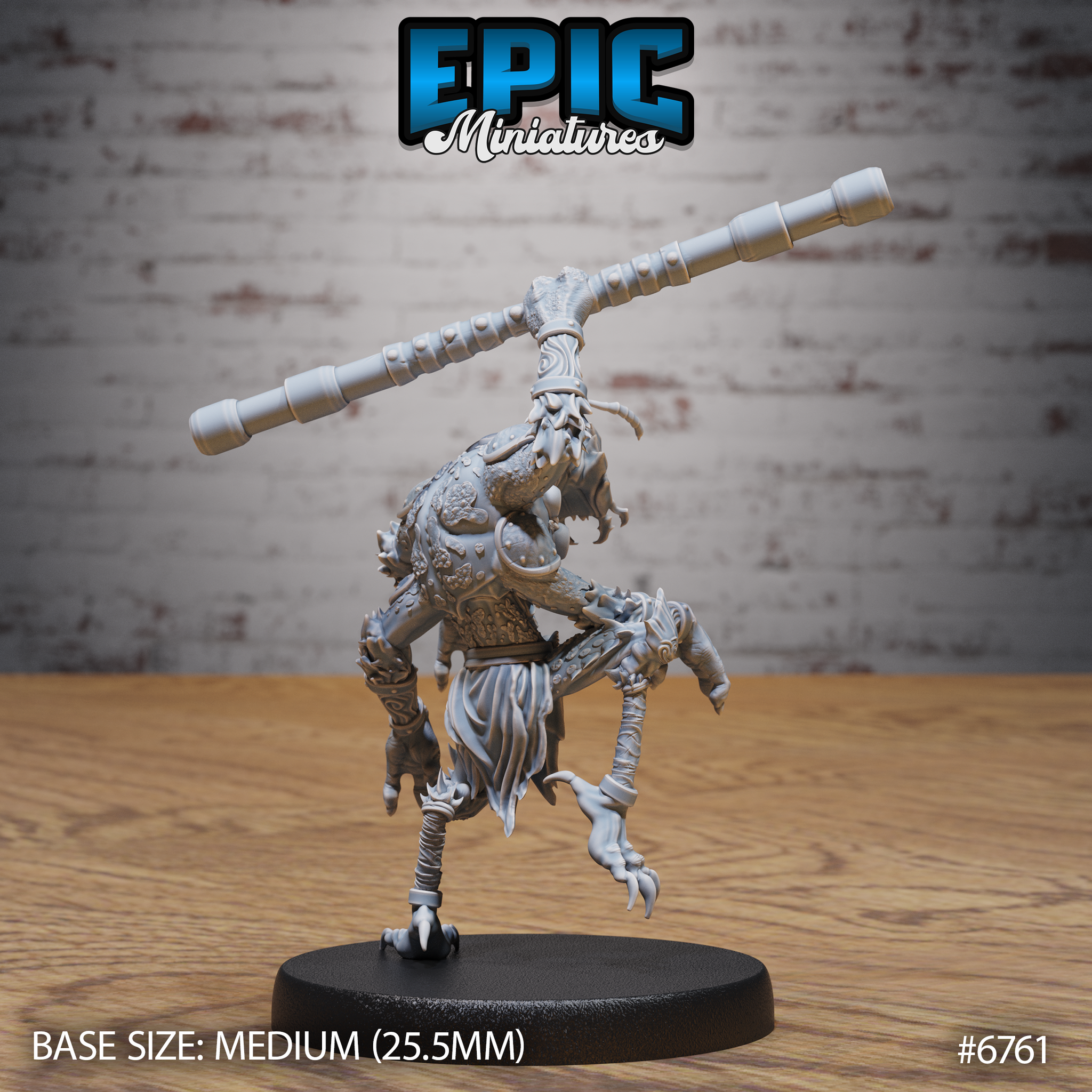 Rear view of an unpainted grey resin Insectoid Monk miniature by Epic Miniatures — showing broad textured chitin-armoured shoulders, a fanged mandible jaw visible over the creature's shoulder, articulated clawed limbs, and a long segmented staff raised aloft, on a medium 25.5mm round black base
