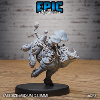 Rear three-quarter view of an unpainted grey resin Mushroom Boar miniature by Epic Miniatures, showing the boar mid-leap with dense mushroom growths covering its back and flanks, mounted on a 25.5mm round black base