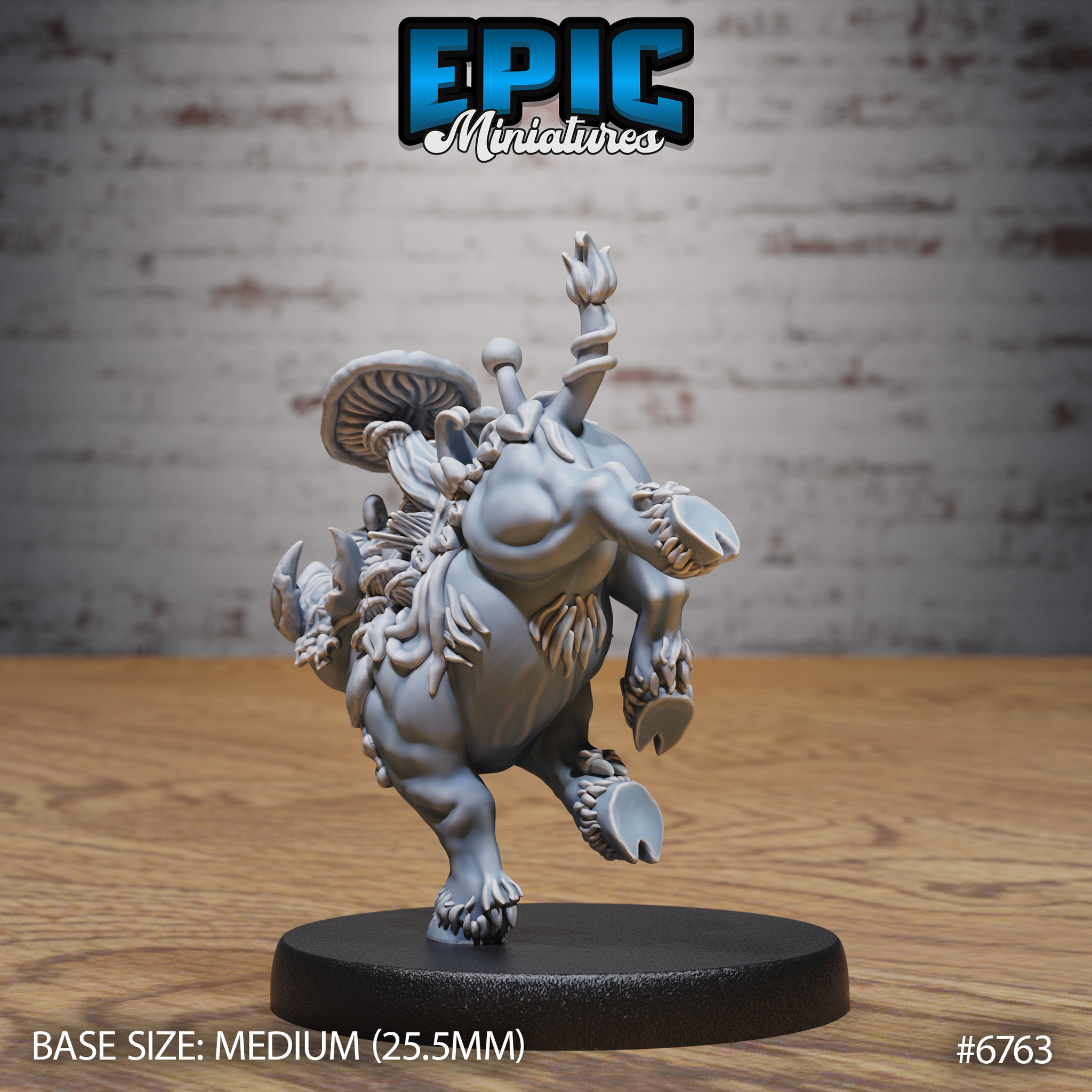 Front three-quarter view of an unpainted grey resin Mushroom Boar miniature by Epic Miniatures, showing the dynamic leaping pose, large flat mushroom cap on its back, claw-like growths on its sides, and textured fungal detailing across the entire body, on a 25.5mm round black base