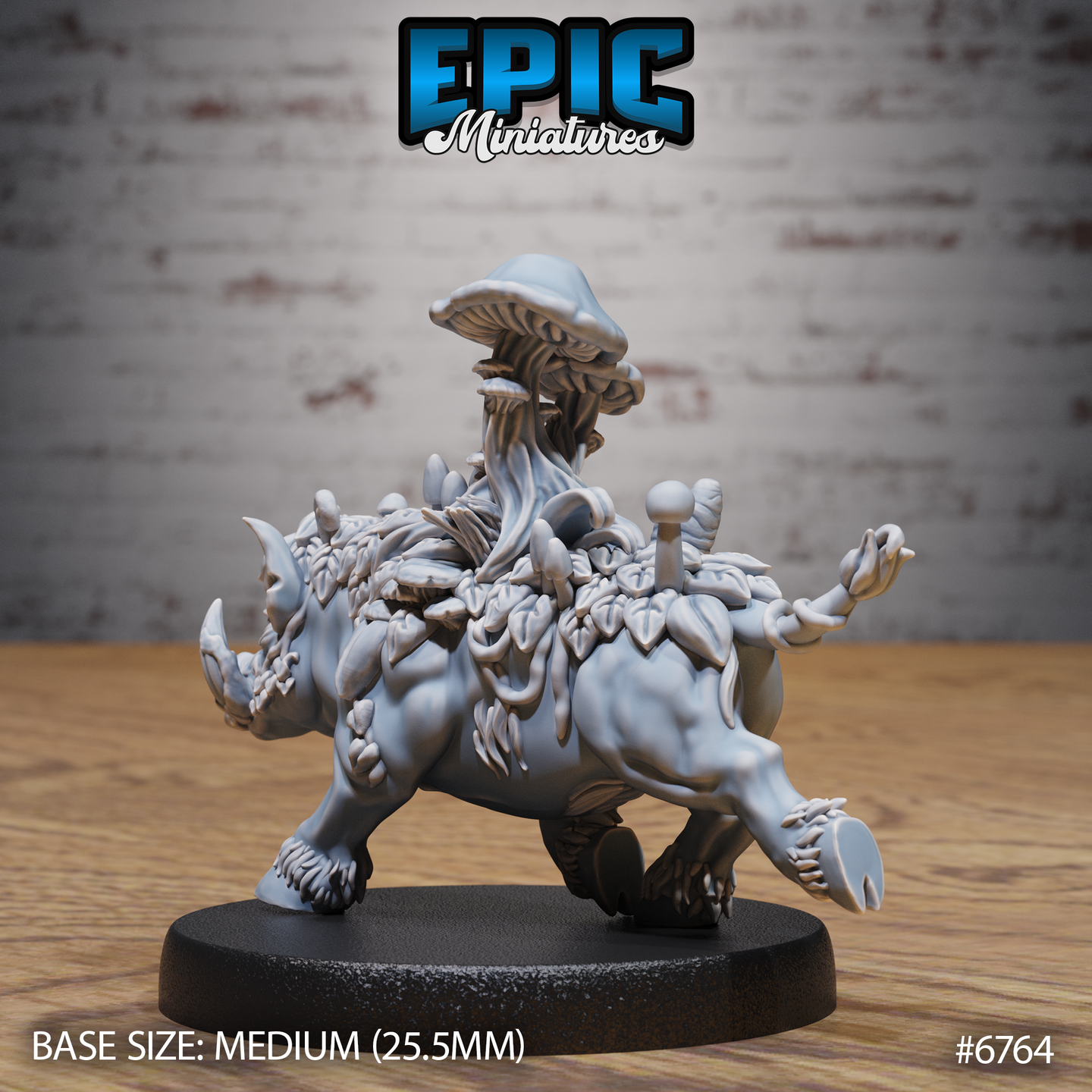 Rear view of the same unpainted grey resin Mushroom Boar miniature, showing the myconid rider's back detail — cascading mycelium filaments, clustered small mushroom caps, and a rounded growth visible on the right side of the rider, mounted on a medium 25.5mm round black base