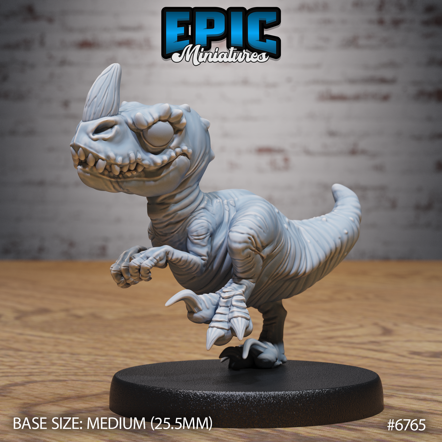 Front view of an unpainted grey resin Dinosaur Hatchling miniature by Epic Miniatures — a bipedal raptor-like undead creature with a single cyclopean eye, horn, wide-open toothy maw, desiccated wrinkled skin, raised forearms, and splayed clawed feet, mounted on a medium 25.5mm black round base