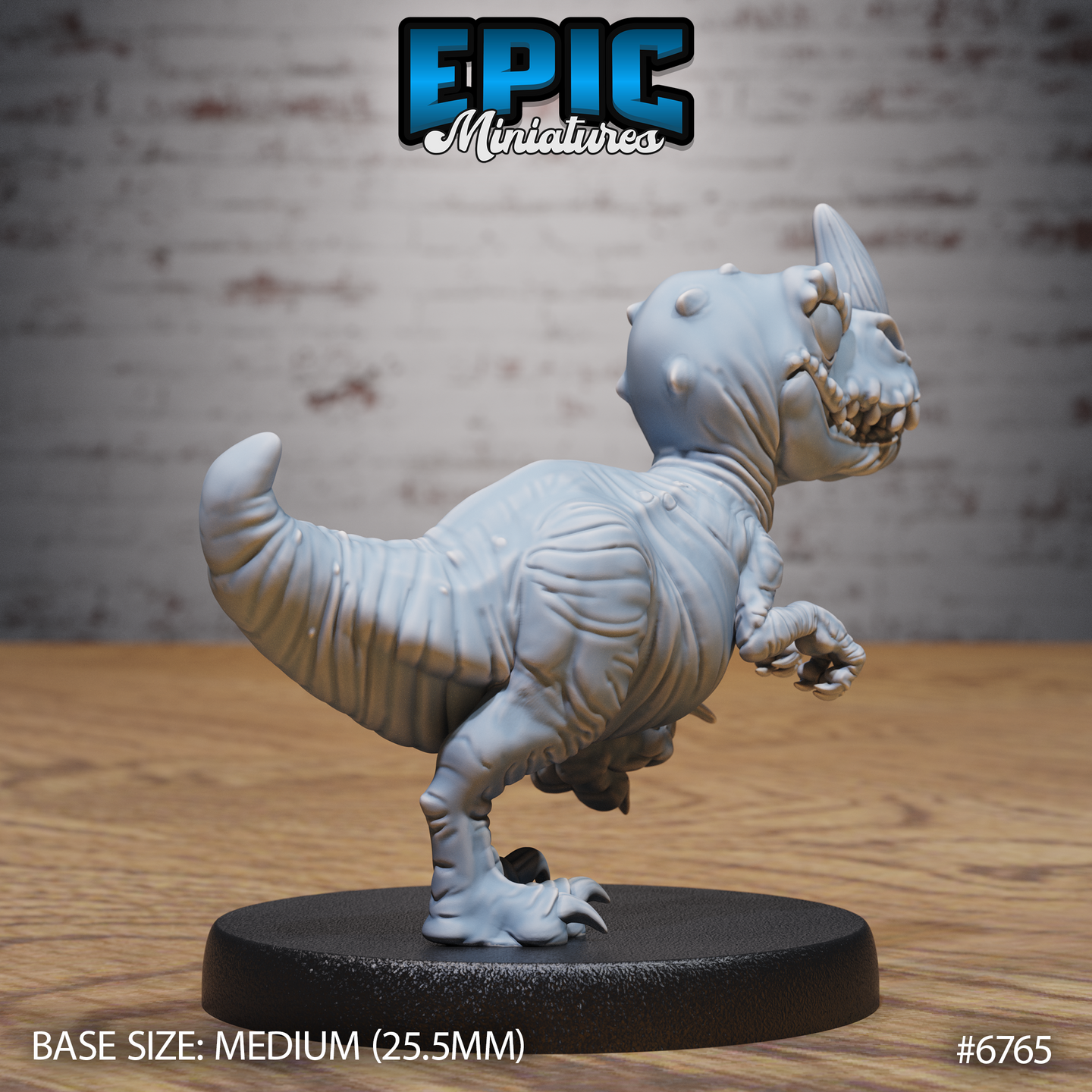 Rear three-quarter view of the unpainted grey resin Dinosaur Hatchling miniature by Epic Miniatures, showing the swept-back tail, layered skin folds across the torso and hindquarters, bony skull protrusions, and medium 25.5mm black round base