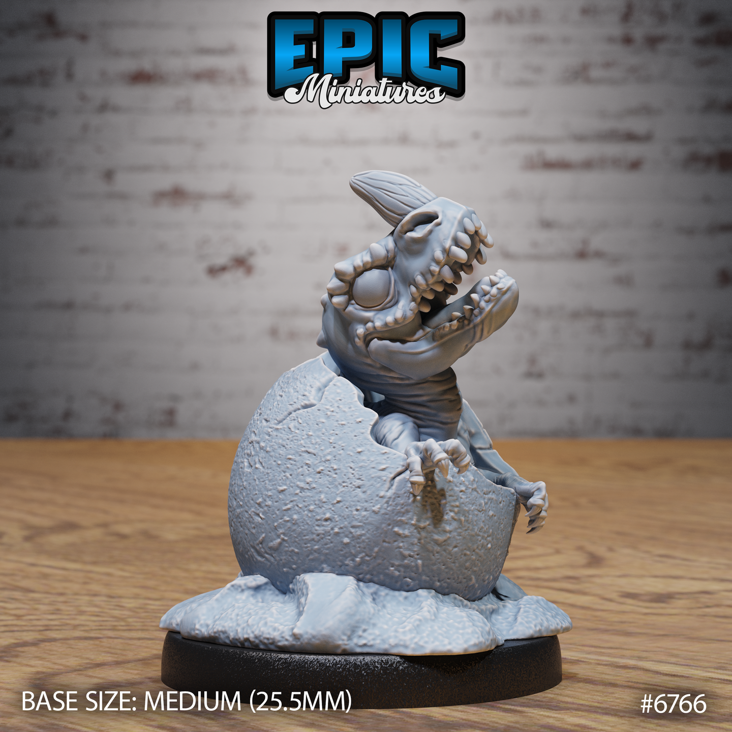 Front view of an unpainted grey resin dinosaur hatchling miniature bursting from a cracked egg, jaws wide open showing rows of teeth, one clawed hand gripping the broken shell, on a medium 25.5mm round base — by Epic Miniatures