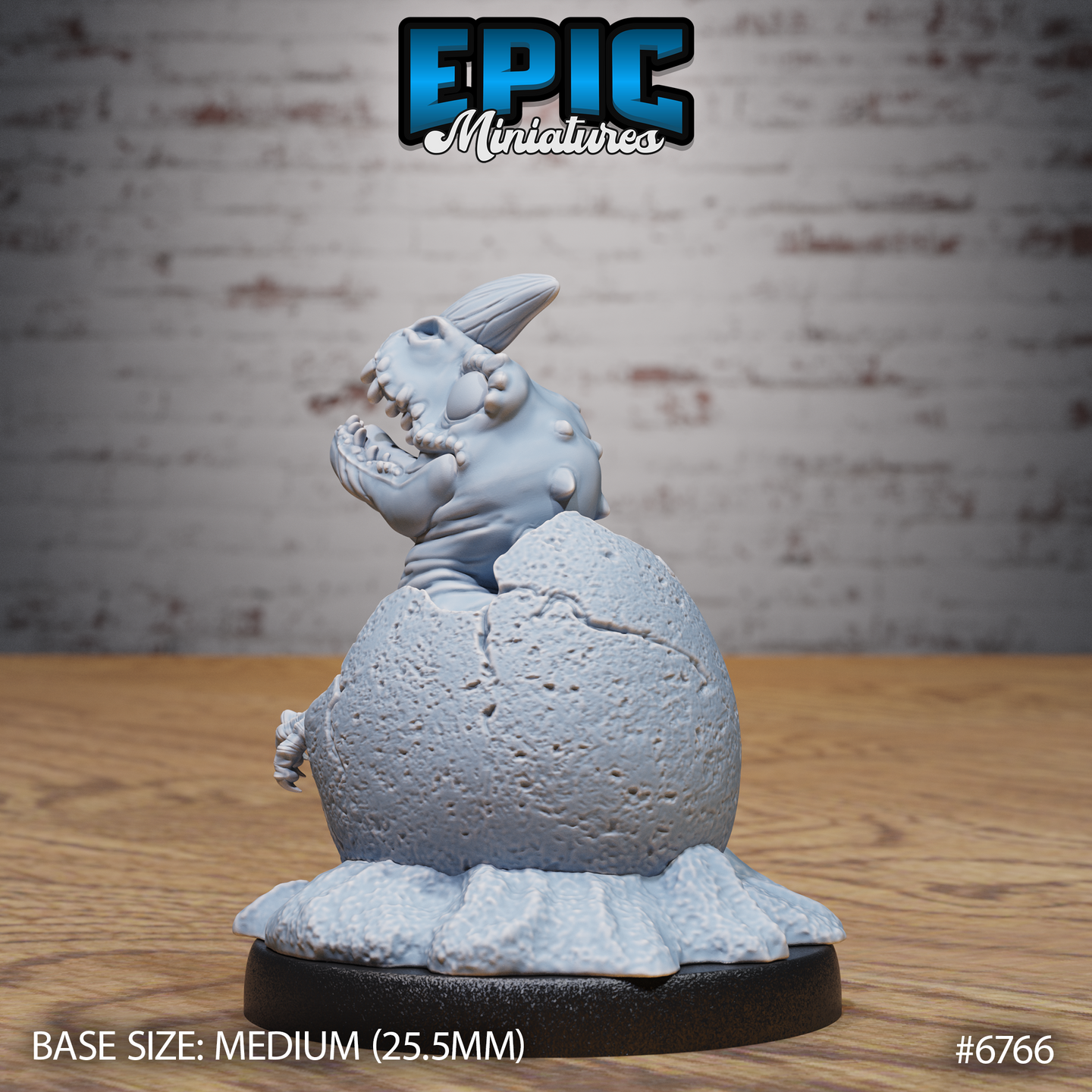 Rear three-quarter view of an unpainted grey resin dinosaur hatchling miniature emerging from a textured cracked egg with visible scutes along its back and a crest on its skull, nest debris scattered on the base — by Epic Miniatures