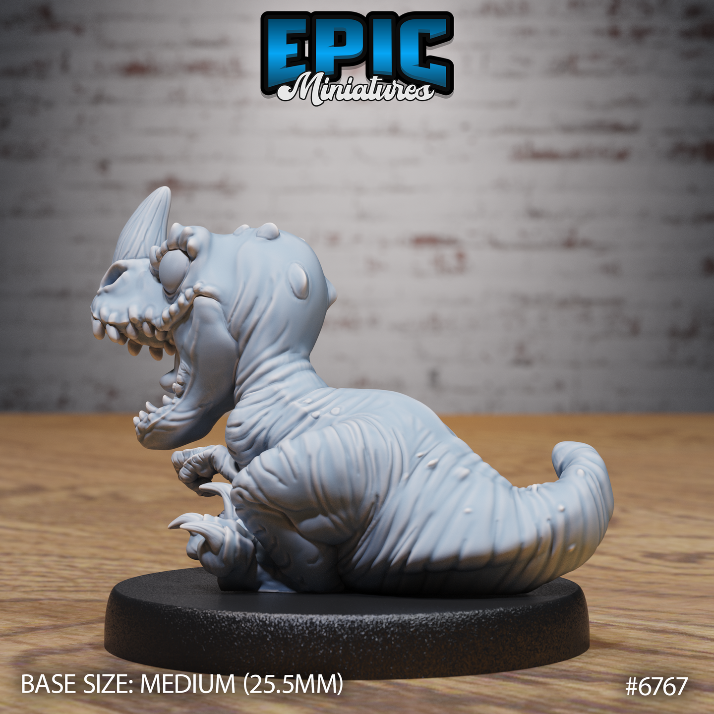 Rear three-quarter view of the same unpainted grey resin dinosaur hatchling miniature — showing the ridged tail, textured skin folds across the back, and the snarling open jaw in profile on a medium 25.5mm oval base