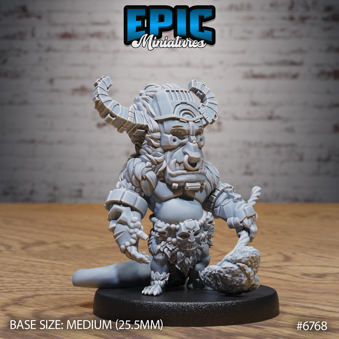 Unpainted grey resin Void Shaman miniature by Epic Miniatures — front view showing a stocky beast-folk shaman with segmented curved horns, layered fur, iron armour plates, a skull necklace, a tentacle-limb club, and a coiled tentacle lower body on a 25.5mm round base