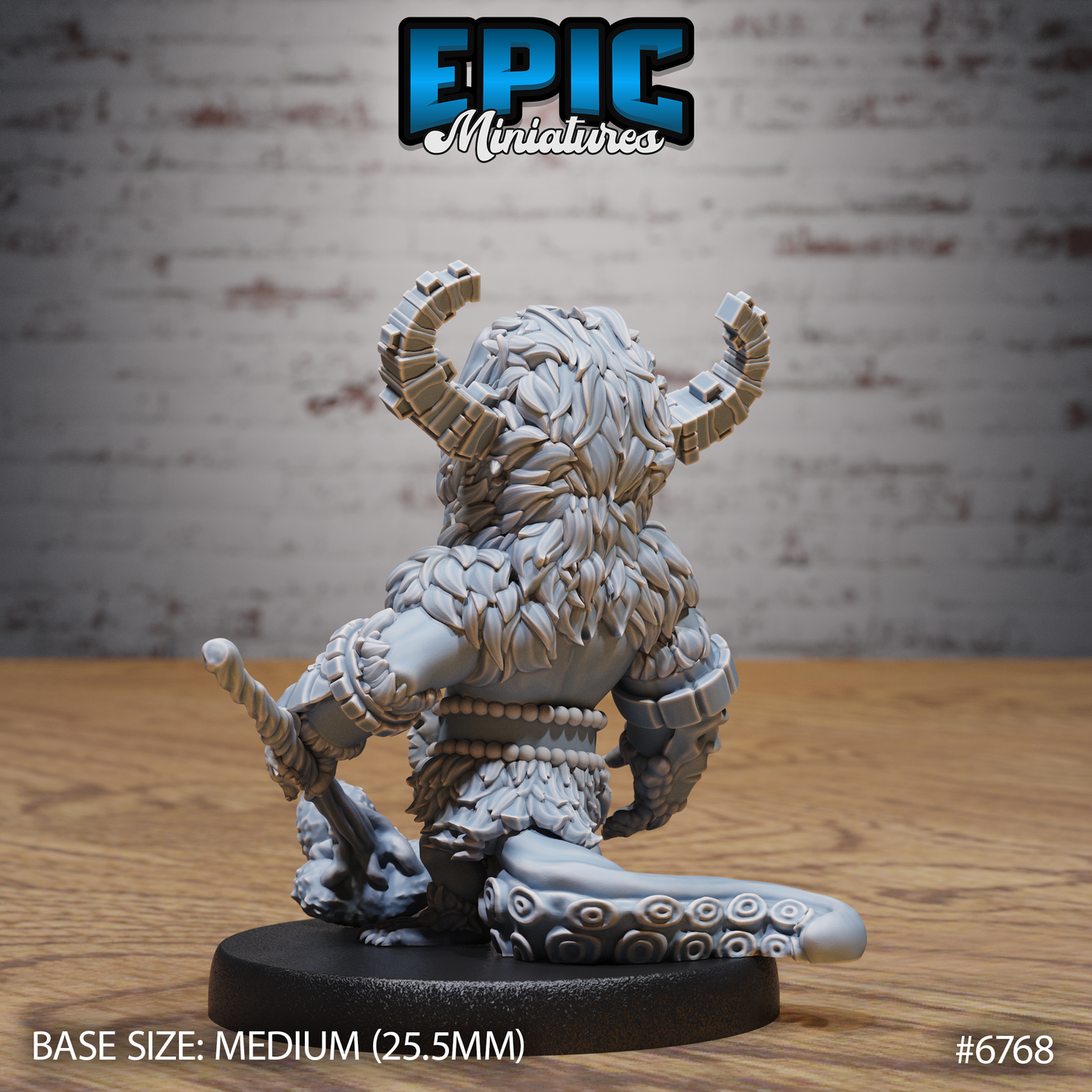 Unpainted grey resin Void Shaman miniature by Epic Miniatures — rear view showing densely layered fur detail, a curved blade at the back, a skull-bead belt, and the full sweep of the coiling tentacle lower body on a 25.5mm round base