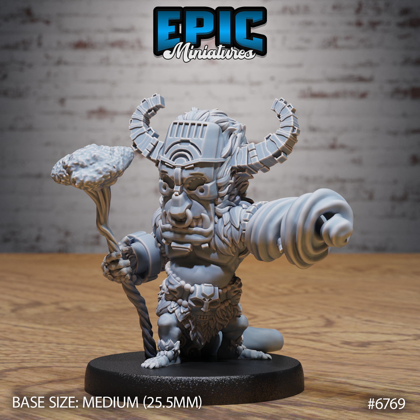 Front view of an unpainted grey resin Void Shaman miniature at 32mm scale — a stocky horned figure wearing fur pelts and a segmented helm, thrusting forward a vortex-wreathed fist while holding a twisted staff crowned with brain-like fungal growths, on a medium oval base