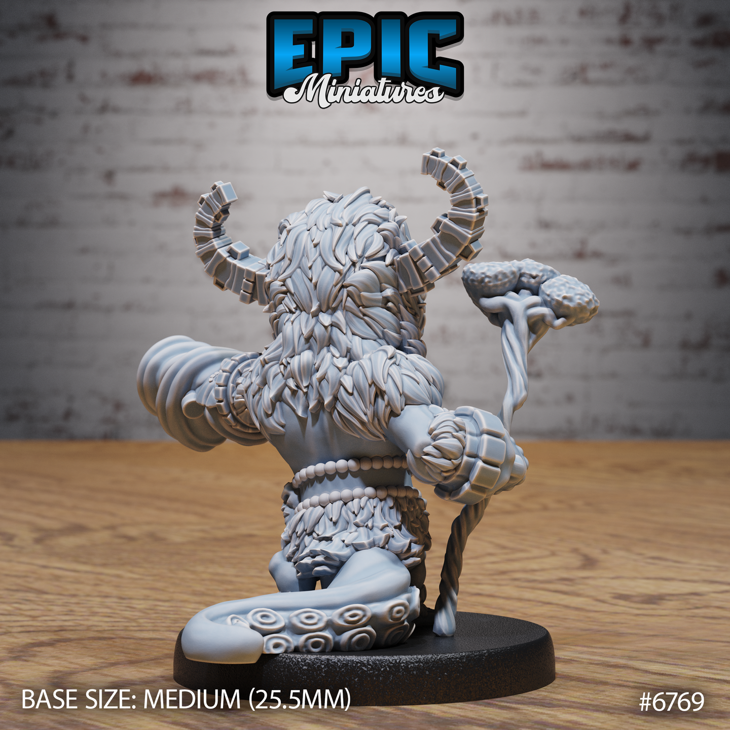 Rear view of the Void Shaman resin miniature showing dense layered feather and pelt detailing across his back, ringed segmented horns, a coiling tentacle curling behind his legs, and the fungal staff gripped in one clawed hand