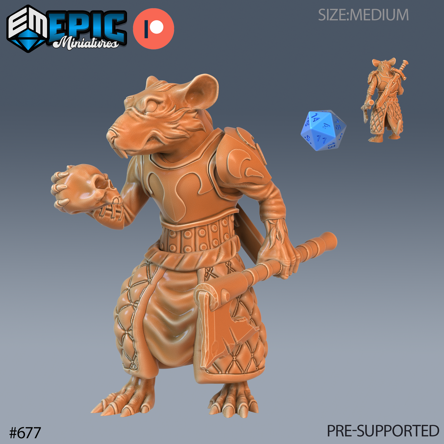 Digital render of the Rat Executioner miniature by Epic Miniatures — a bipedal armoured rat warrior in engraved plate and quilted chainmail, clutching a skull in one clawed hand and a thick weapon handle in the other, shown at 32mm scale with a blue d20 for size reference