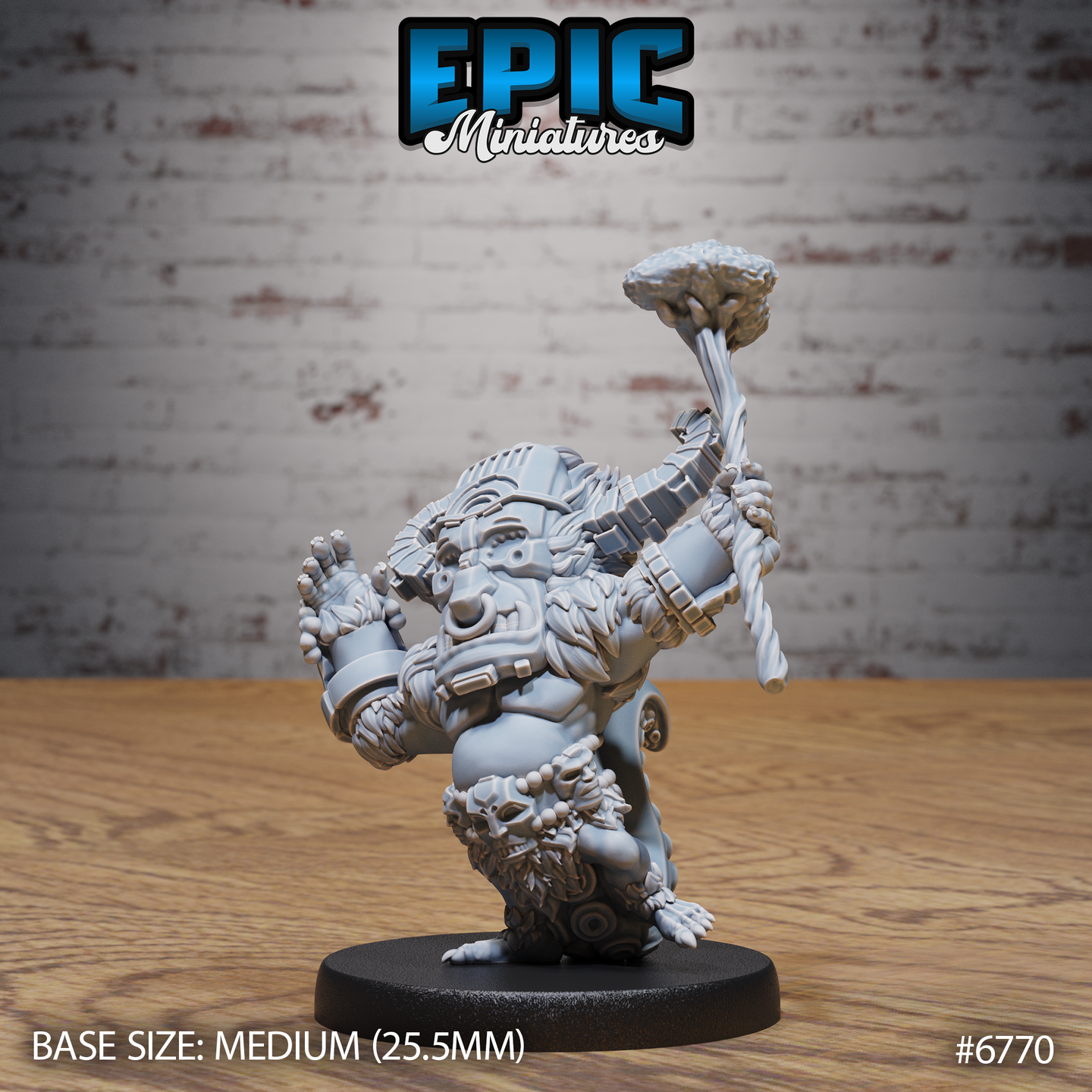Front view of an unpainted grey resin Void Shaman miniature by Epic Miniatures — a heavily built, fur-covered creature mid-dance with one leg raised, wielding a twisted staff topped with a brain in one mechanical arm, the other arm outstretched with claws spread, wearing a skull necklace and strapped chest armour, mounted on a medium 25.5mm round base