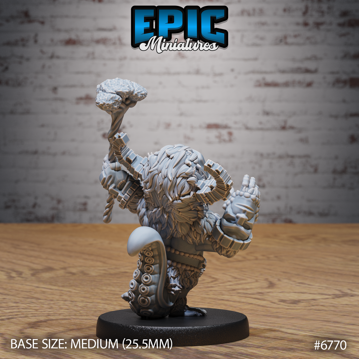 Rear three-quarter view of the unpainted grey resin Void Shaman miniature by Epic Miniatures — showing the fur-textured back, tentacles coiling around the lower body with visible suckers, a raised mechanical arm holding the brain-tipped staff aloft, and the medium 25.5mm round base