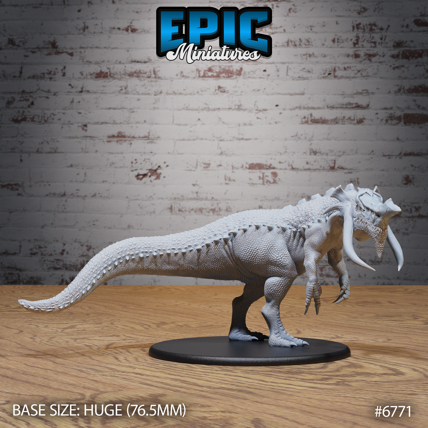 Unpainted grey resin Boneskull Rex miniature by Epic Miniatures, side profile view showing full body with dense scale texture, dorsal spine ridge, raised clawed forearms, and large curved saber-teeth, mounted on a 76.5mm Huge black round base