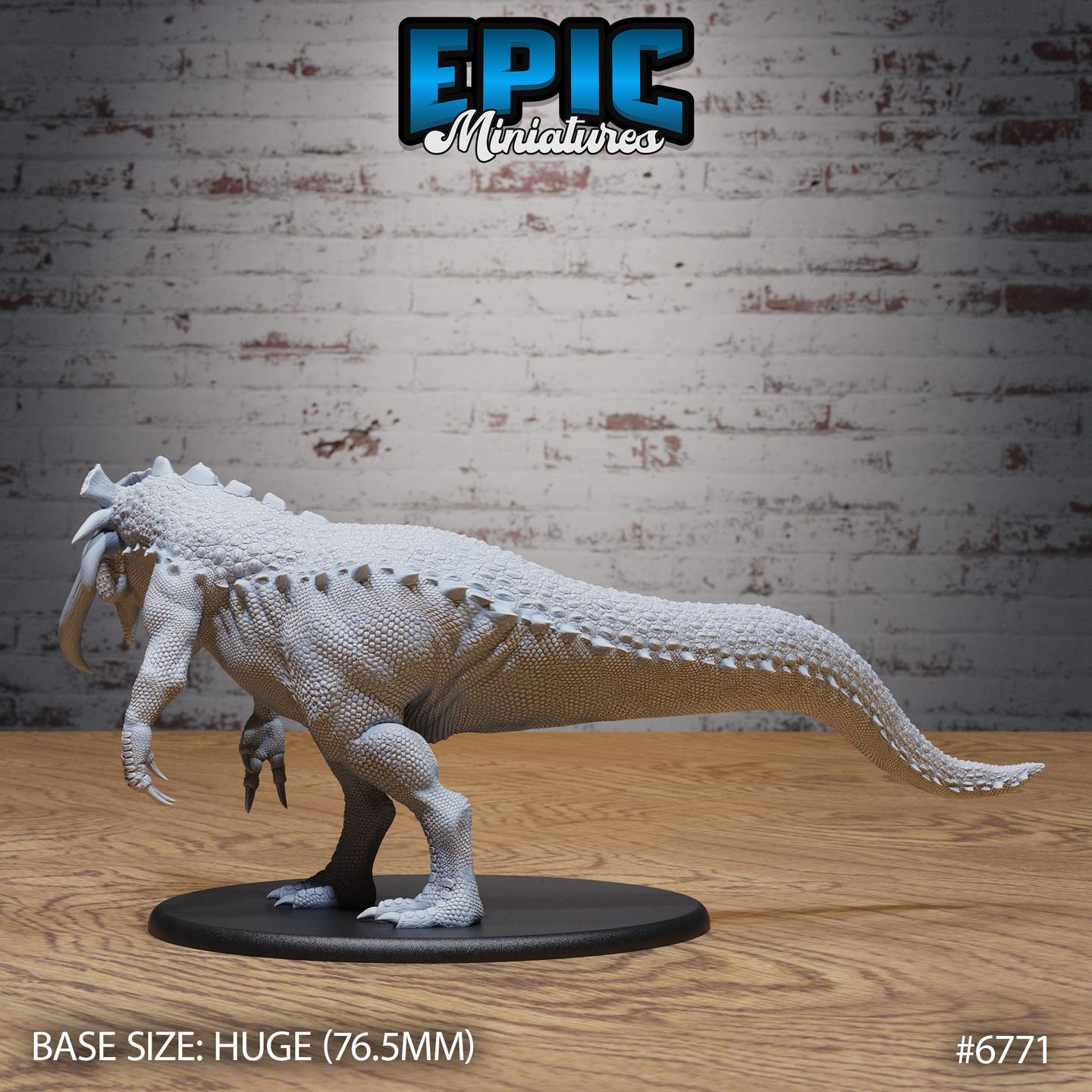 Unpainted grey resin Boneskull Rex miniature by Epic Miniatures, three-quarter front view showing armoured frilled skull, prominent saber-teeth, heavily scaled body, muscular haunches and clawed feet, on a 76.5mm Huge black round base