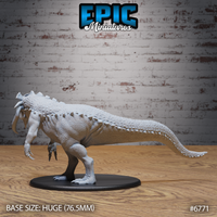 Unpainted grey resin Boneskull Rex miniature by Epic Miniatures, three-quarter front view showing armoured frilled skull, prominent saber-teeth, heavily scaled body, muscular haunches and clawed feet, on a 76.5mm Huge black round base
