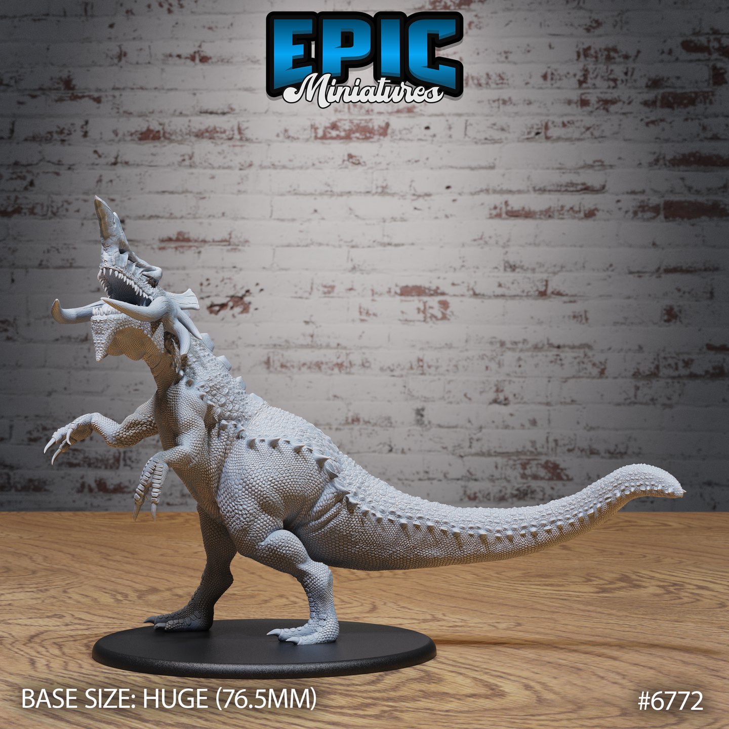 Unpainted grey resin Boneskull Rex miniature by Epic Miniatures — front-facing view showing the creature rearing upright on thick hind legs with forelimbs raised and clawed, jaws wide open in a roar, horned skull with sweeping jaw tusks visible, dense crocodilian scale texture across the body, dorsal spines along the back, and a long ridged tail. Mounted on a Huge 76.5mm black round base.