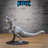 Unpainted grey resin Boneskull Rex miniature by Epic Miniatures — front-facing view showing the creature rearing upright on thick hind legs with forelimbs raised and clawed, jaws wide open in a roar, horned skull with sweeping jaw tusks visible, dense crocodilian scale texture across the body, dorsal spines along the back, and a long ridged tail. Mounted on a Huge 76.5mm black round base.