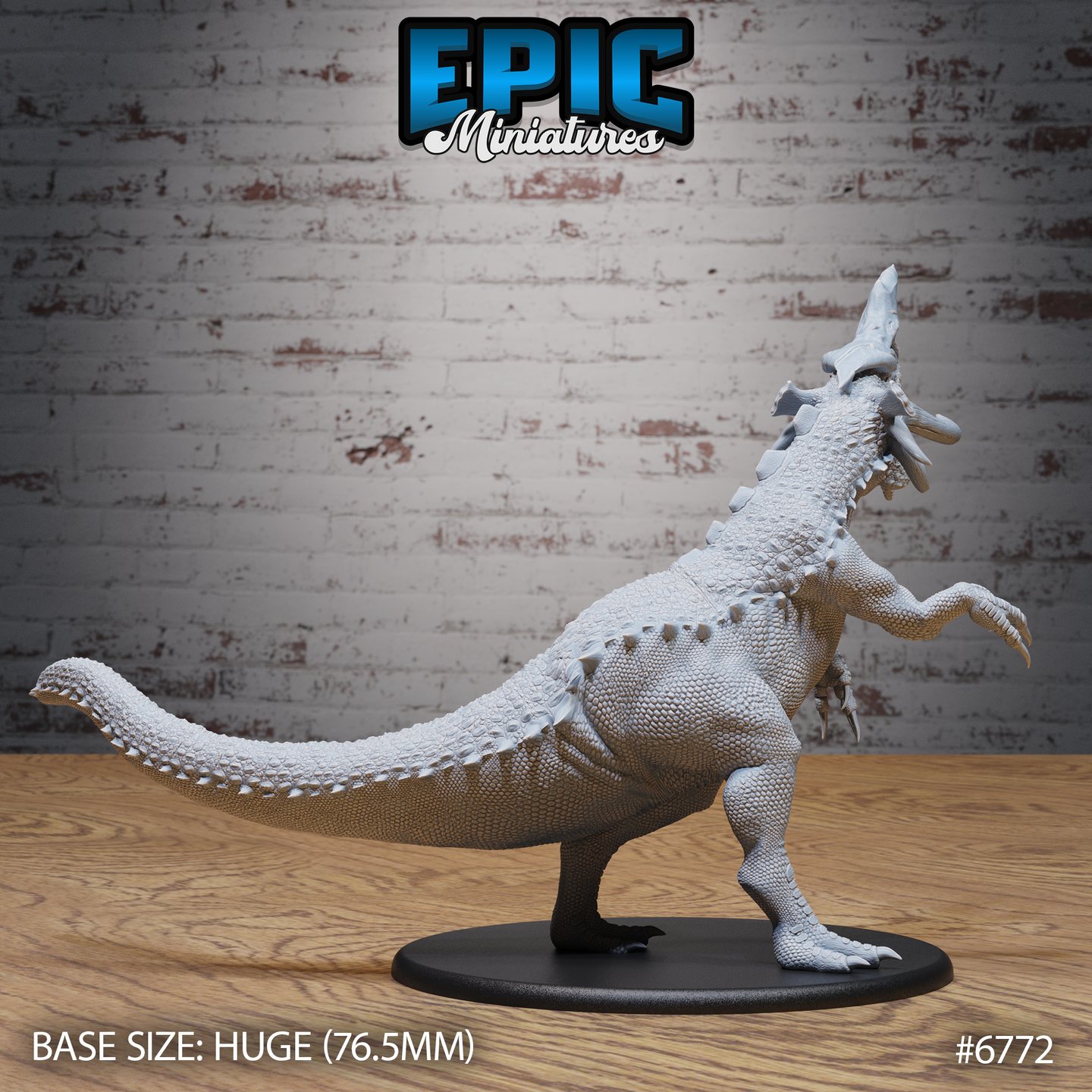 Unpainted grey resin Boneskull Rex miniature by Epic Miniatures — rear three-quarter view showing the broad scaled back, prominent dorsal spine ridge running from neck to tail tip, thick haunches, and the creature's head raised and turned with jaws open. The long tapering tail sweeps out to the left. Mounted on a Huge 76.5mm black round base.