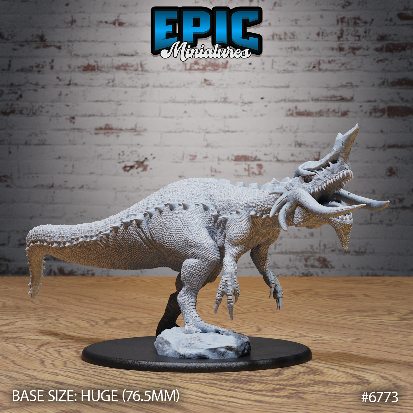 Front-facing render of the Boneskull Rex unpainted grey resin miniature by Epic Miniatures — a massive tyrannosaurid creature with a crocodilian scaled body, wide-open roaring jaws, prominent forward-curving bone tusks, a dorsal bone crest, and powerful clawed feet, mounted on a Huge 76.5mm round base