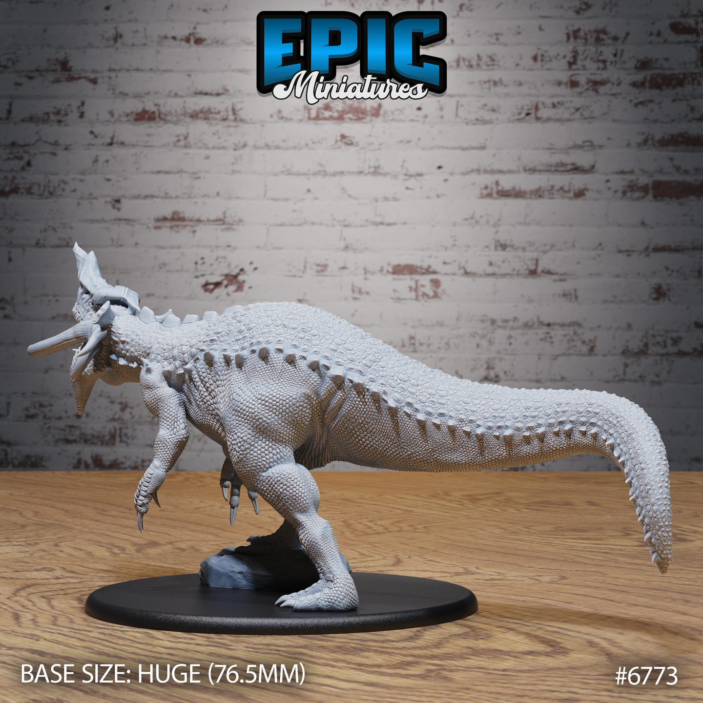 Side-profile render of the Boneskull Rex unpainted grey resin miniature by Epic Miniatures — showing the full length of the creature's croc-like armoured tail, ridged dorsal spines, muscular bipedal stance, and bone horn crown, on a Huge 76.5mm round base