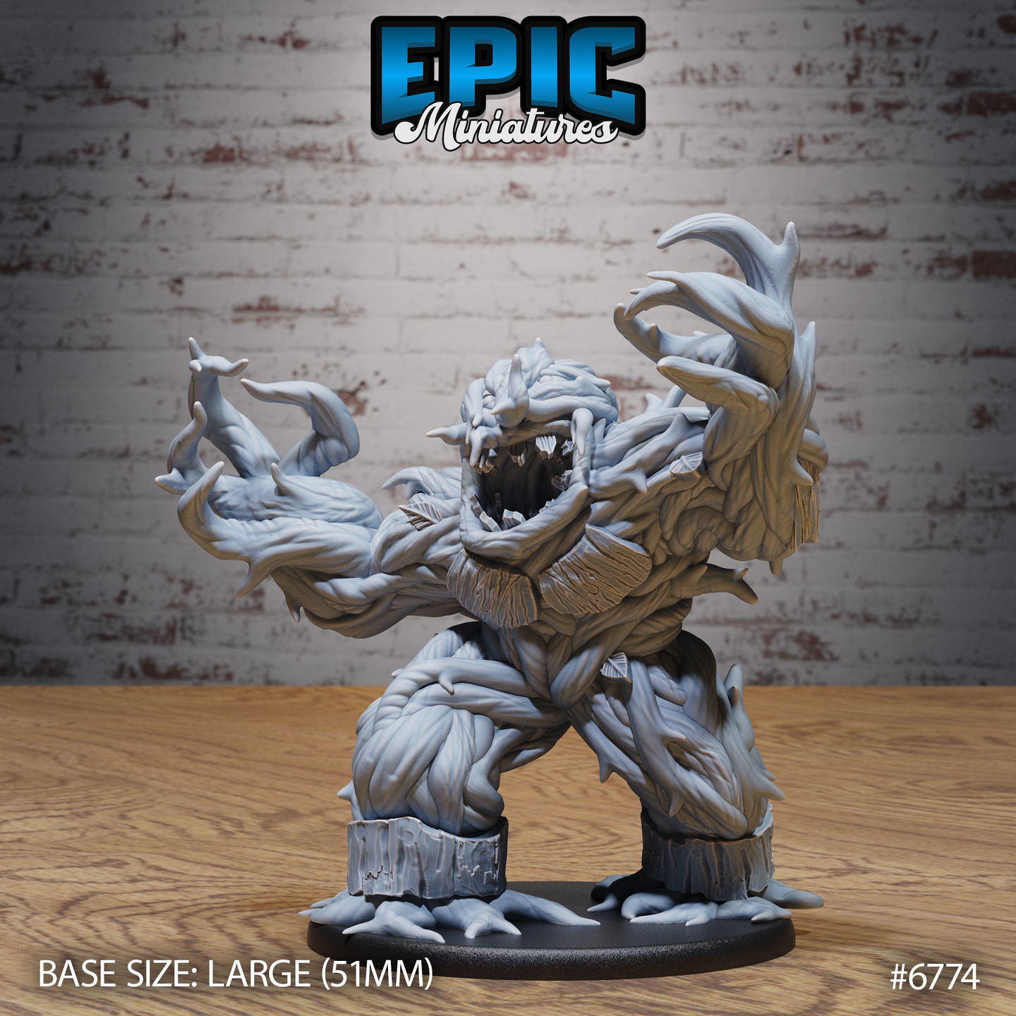 Unpainted grey resin Shambling Mound miniature by Epic Miniatures — front view showing wide open maw, grasping root-like arms stretched wide, and heavily textured bark-and-vine body on a large 51mm base