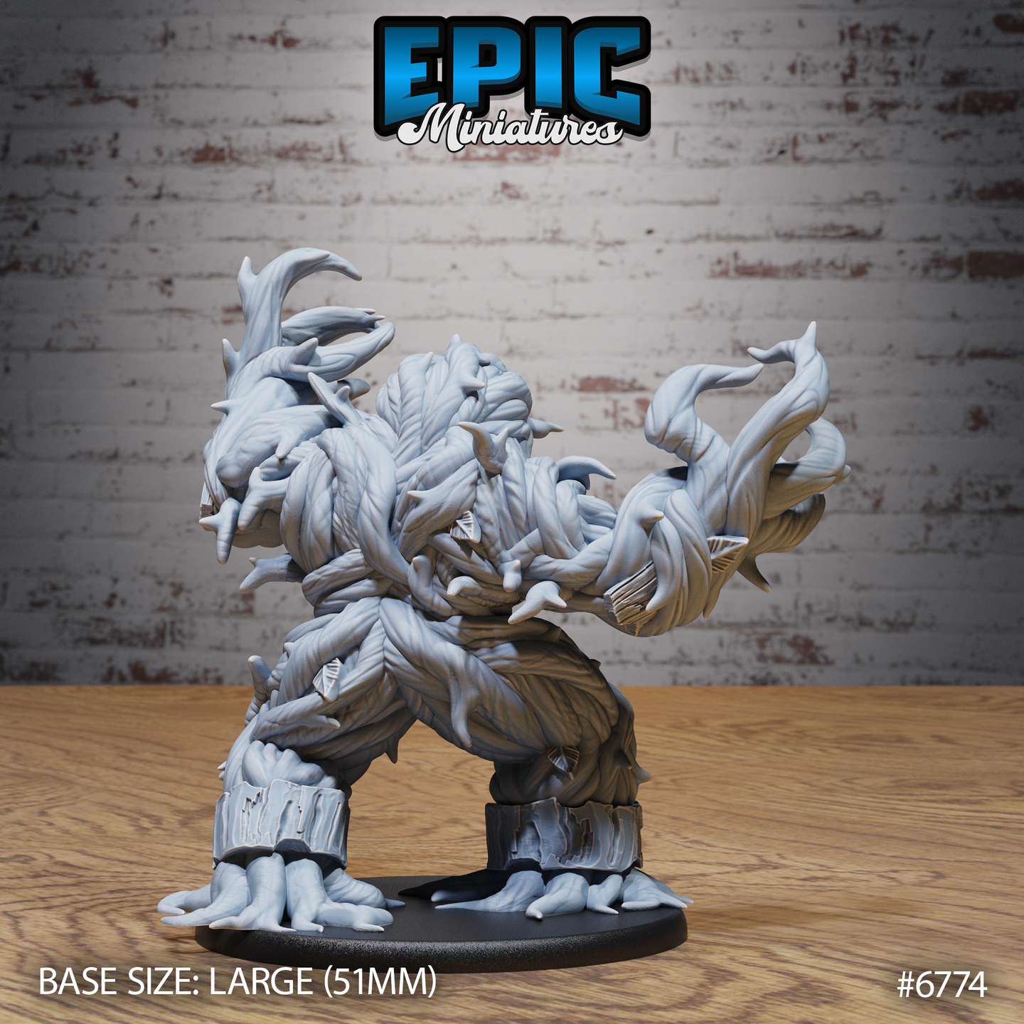 Unpainted grey resin Shambling Mound miniature by Epic Miniatures — rear three-quarter view showing dense layered bark texture across the back, trailing root tendrils at the feet, and hunched forward-lurching silhouette on a large 51mm base
