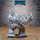 Unpainted grey resin Shambling Mound miniature by Epic Miniatures — rear three-quarter view showing dense layered bark texture across the back, trailing root tendrils at the feet, and hunched forward-lurching silhouette on a large 51mm base