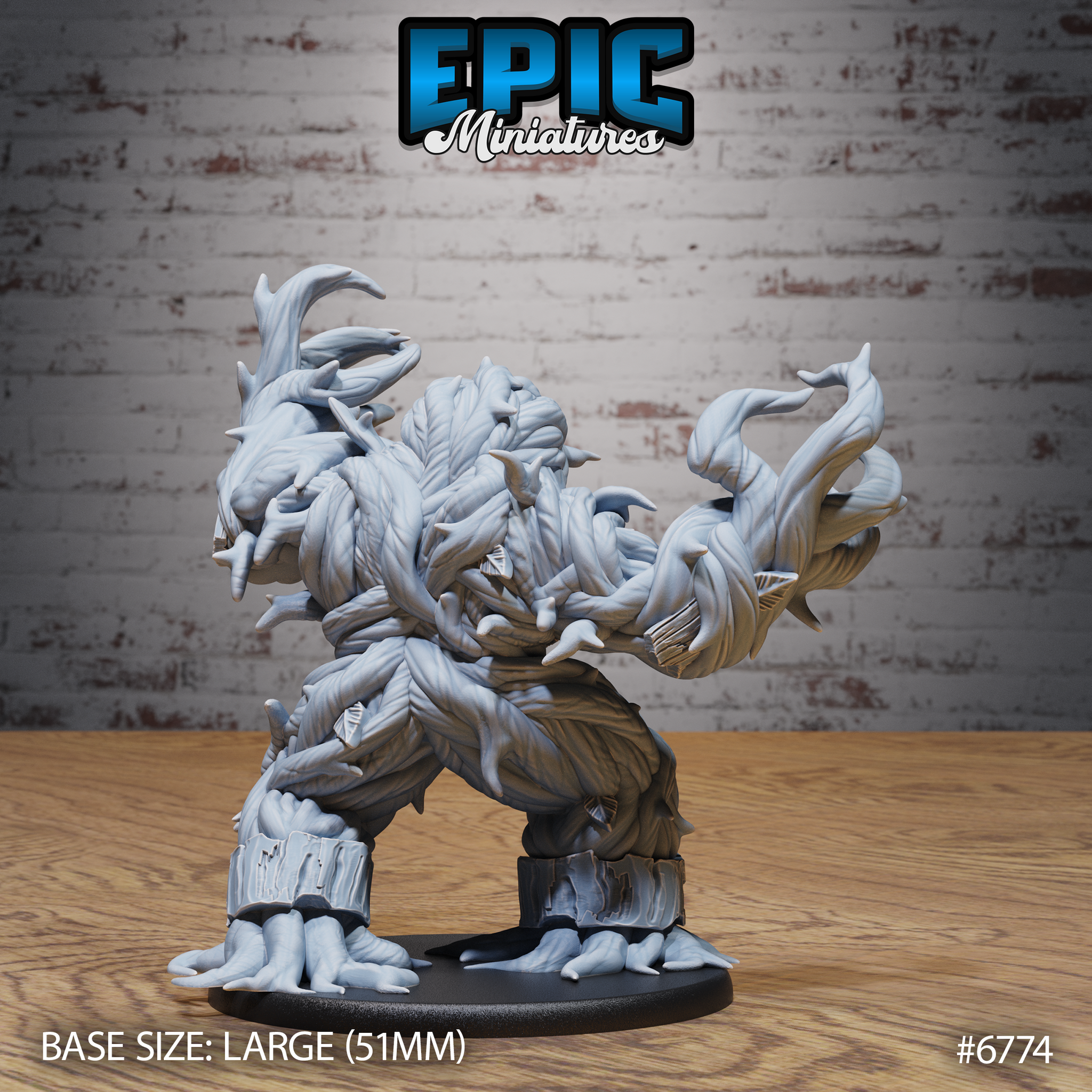 Unpainted grey resin Shambling Mound miniature by Epic Miniatures — rear three-quarter view showing dense layered bark texture across the back, trailing root tendrils at the feet, and hunched forward-lurching silhouette on a large 51mm base
