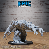 Unpainted grey resin Shambling Mound miniature on a 51mm round base, photographed from the front — the creature is hunched forward in an attacking lunge, one arm sweeping wide with trailing vine tendrils, a hidden maw visible low in its bark-covered body