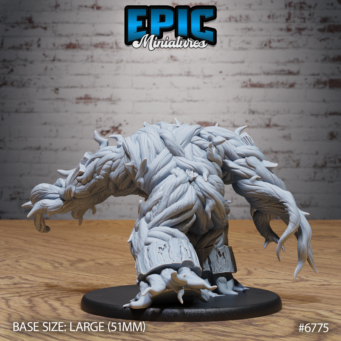 Rear view of an unpainted grey resin Shambling Mound miniature on a 51mm round base, showing the intricate interwoven bark plates, layered fibrous roots, and vine bundles covering the creature's back and hunched shoulders