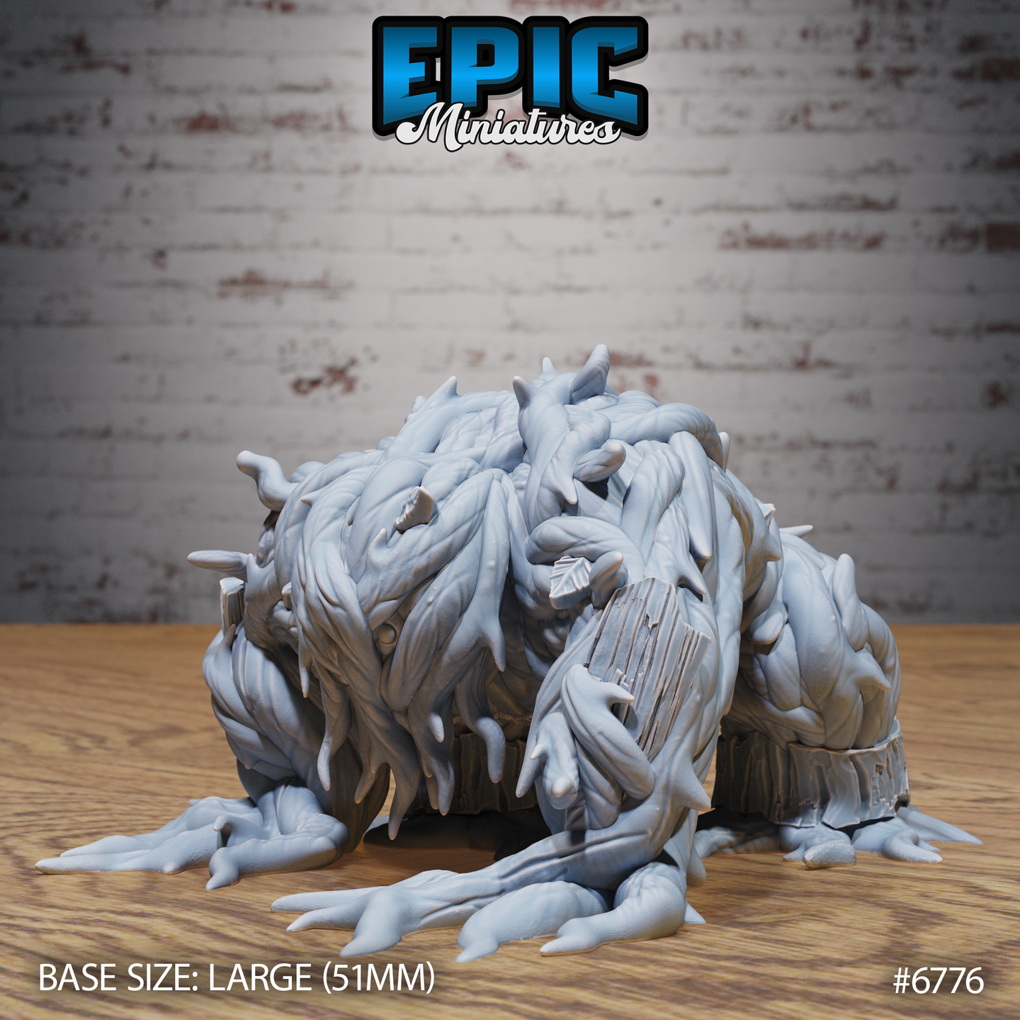 Unpainted grey resin Shambling Mound crawling miniature from Epic Miniatures, viewed from front-left. The large creature crouches low on four splayed claw-tipped root limbs, its body a dense mass of twisted bark strips and leaf fragments. Shackle-like bands circle each limb. Base size large 51mm. Product number 6776.
