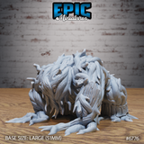 Unpainted grey resin Shambling Mound crawling miniature from Epic Miniatures, viewed from front-left. The large creature crouches low on four splayed claw-tipped root limbs, its body a dense mass of twisted bark strips and leaf fragments. Shackle-like bands circle each limb. Base size large 51mm. Product number 6776.