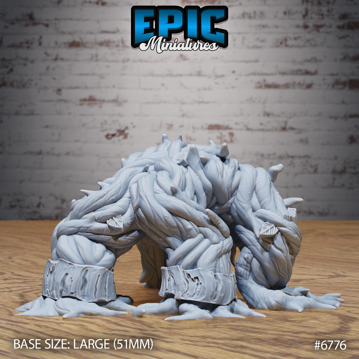 Unpainted grey resin Shambling Mound crawling miniature from Epic Miniatures, viewed from front-right. The creature's four root-limb legs are clearly visible with worn shackle bands near the ground. The back of the sculpt shows deeply layered fibrous strands and organic texture throughout. Large 51mm base. Product number 6776.