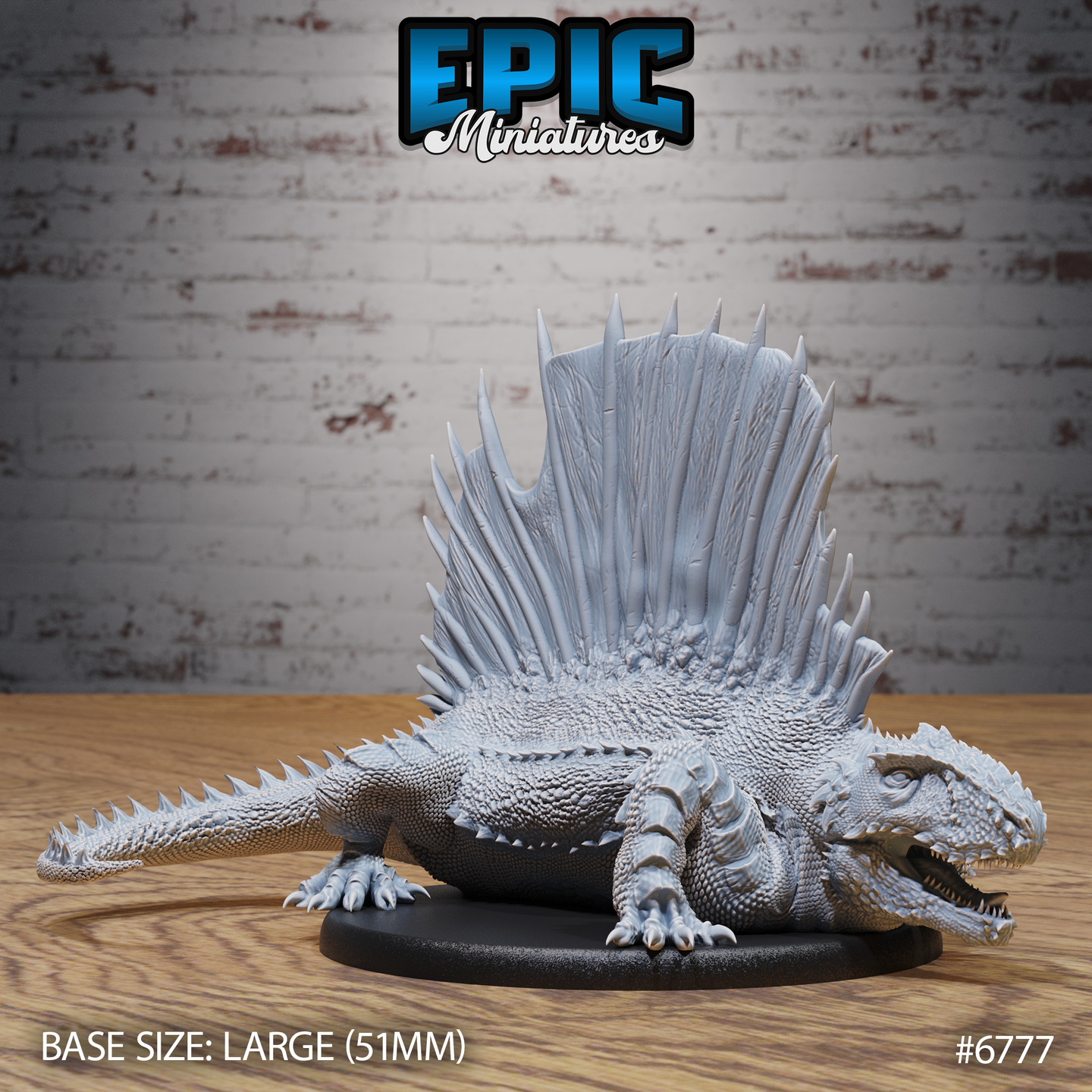 Front-facing view of an unpainted grey resin Dimetrodon miniature by Epic Miniatures, shown on a large 51mm black round base. The sail-backed prehistoric predator crouches low with jaws open, heavily textured scales across the body, and a tall ribbed dorsal sail with jagged spines.